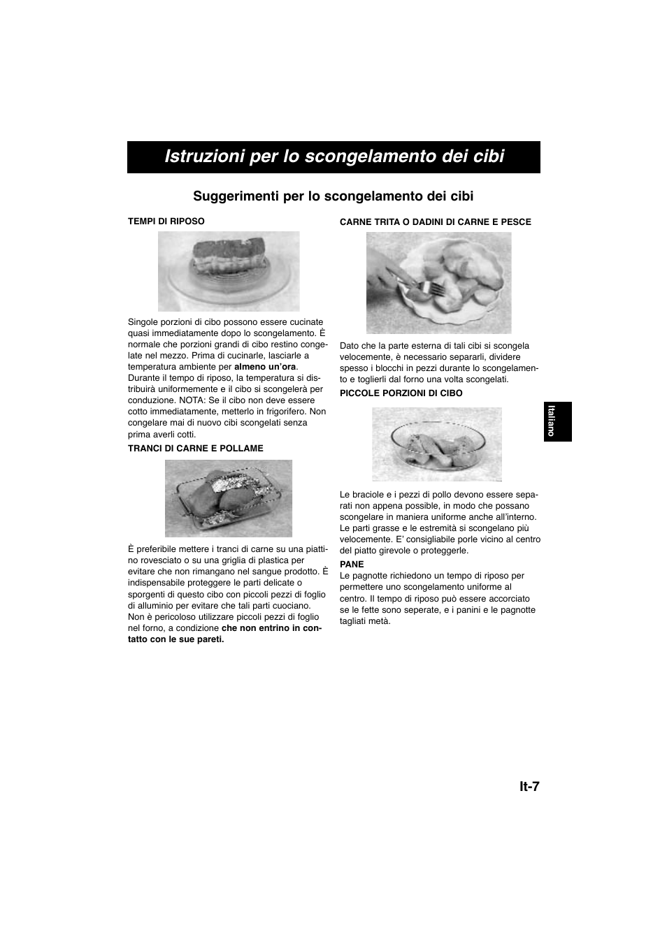 Istruzioni per lo scongelamento dei cibi, It-7 suggerimenti per lo scongelamento dei cibi | Panasonic NNE245WBEPG User Manual | Page 45 / 137