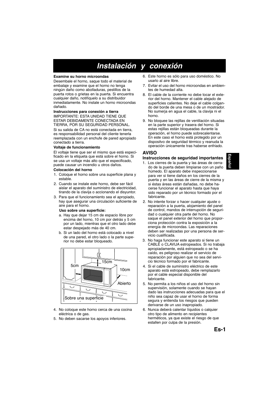 Instalación y conexión, Es-1 | Panasonic NNE245WBEPG User Manual | Page 48 / 137