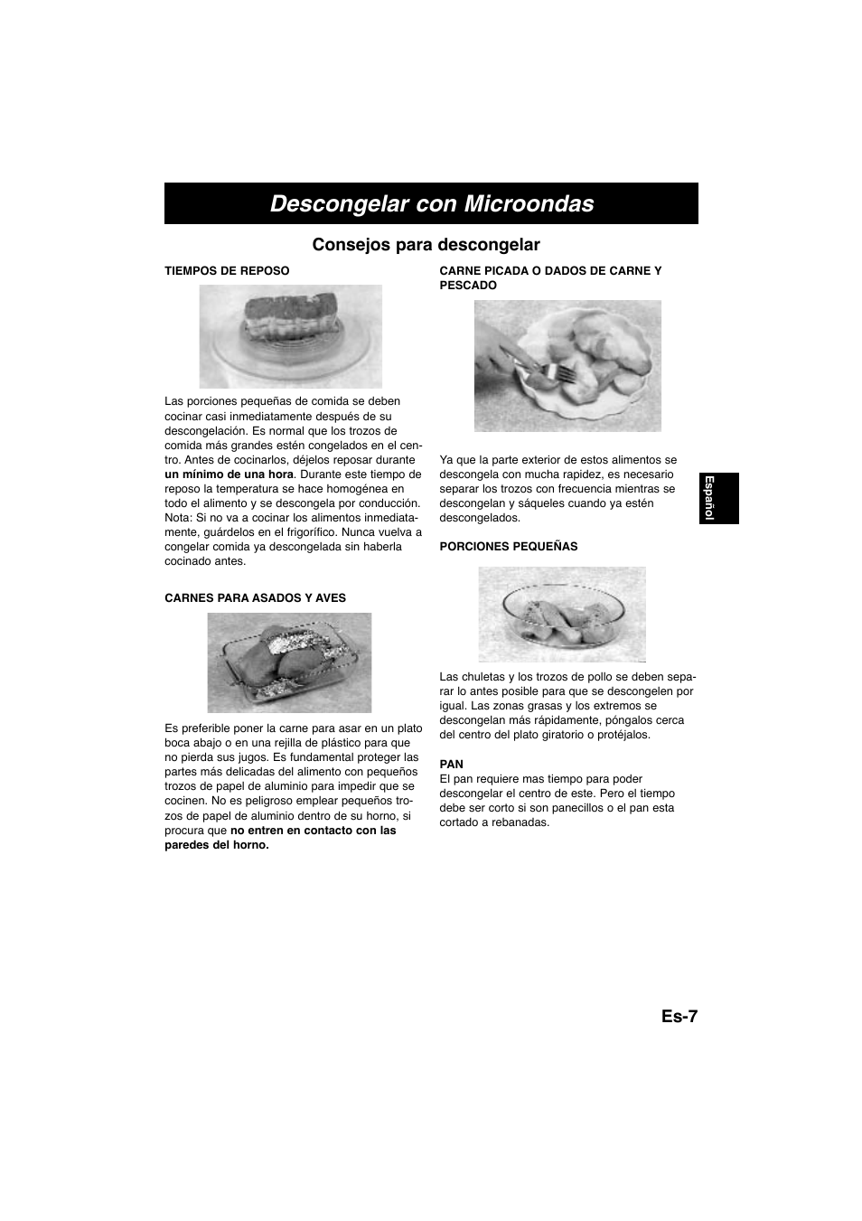 Descongelar con microondas, Es-7 consejos para descongelar | Panasonic NNE245WBEPG User Manual | Page 54 / 137