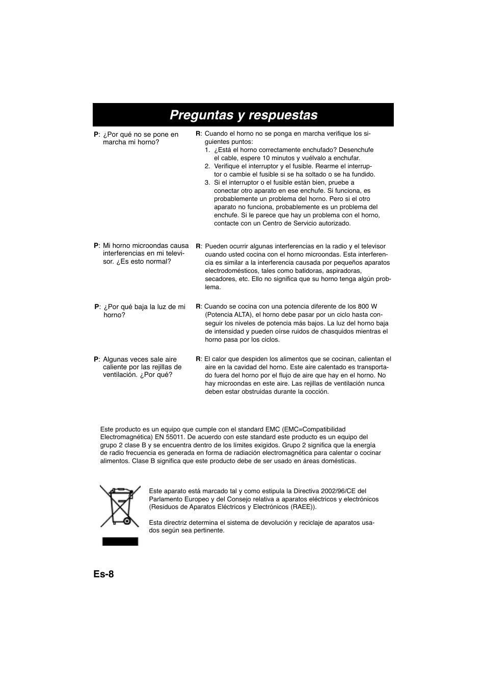 Preguntas y respuestas, Es-8 | Panasonic NNE245WBEPG User Manual | Page 55 / 137
