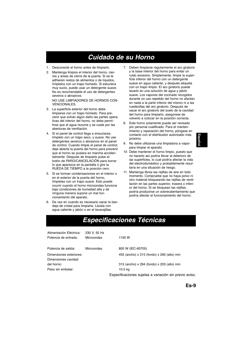 Especificaciones técnicas, Cuidado de su horno, Es-9 | Panasonic NNE245WBEPG User Manual | Page 56 / 137
