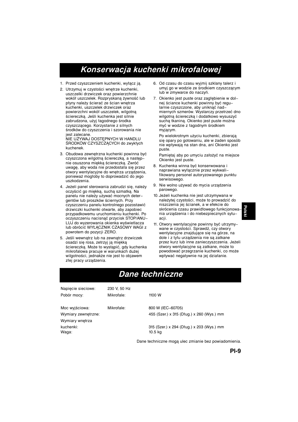 Konserwacja kuchenki mikrofalowej dane techniczne, Pl-9 | Panasonic NNE245WBEPG User Manual | Page 74 / 137