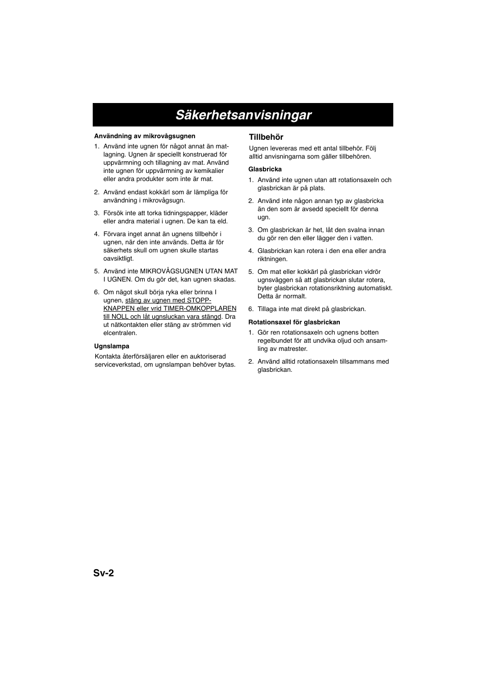 Säkerhetsanvisningar, Sv-2 | Panasonic NNE245WBEPG User Manual | Page 85 / 137