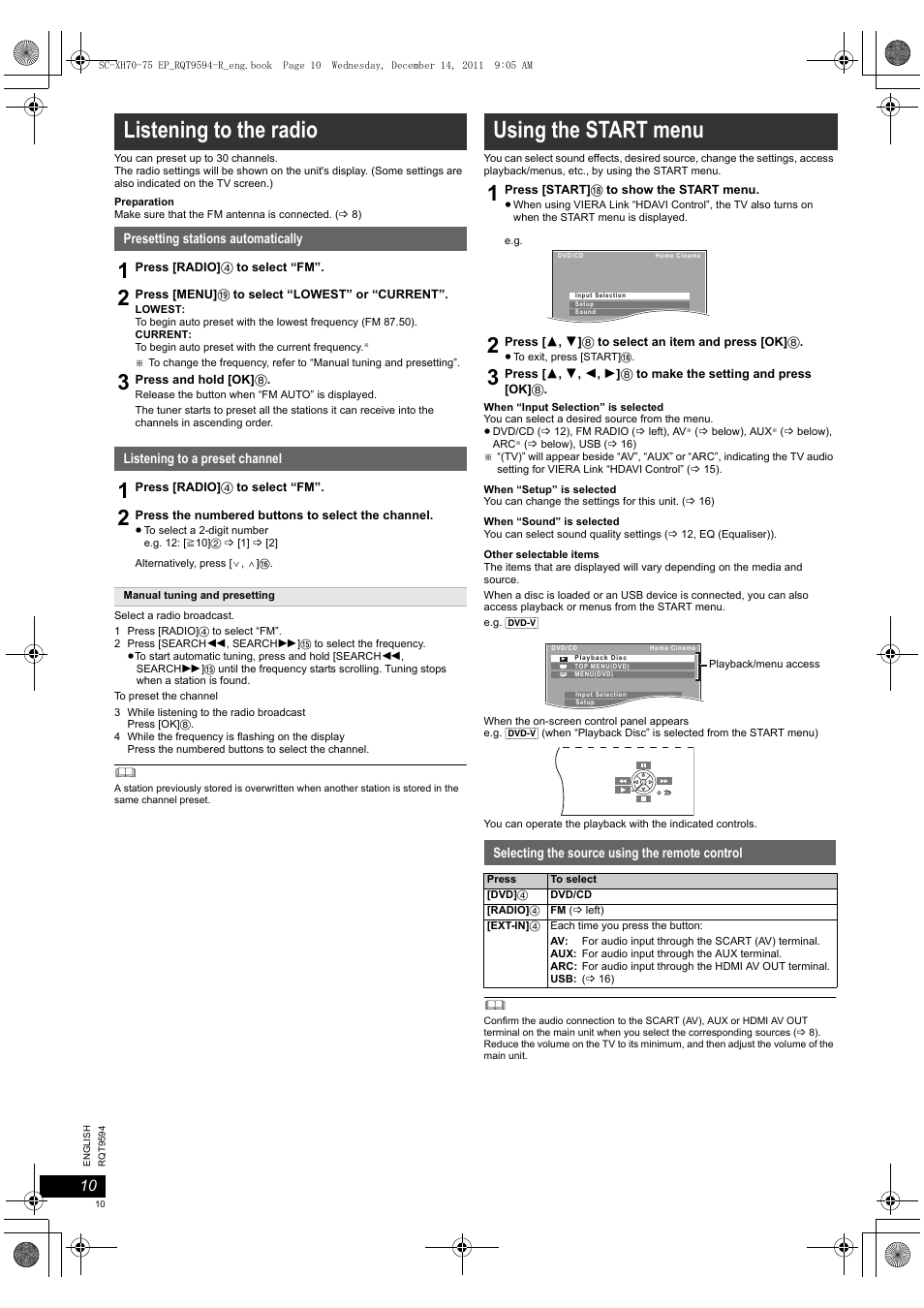 Listening to the radio, Using the start menu | Panasonic SCXH75EP User Manual | Page 10 / 94