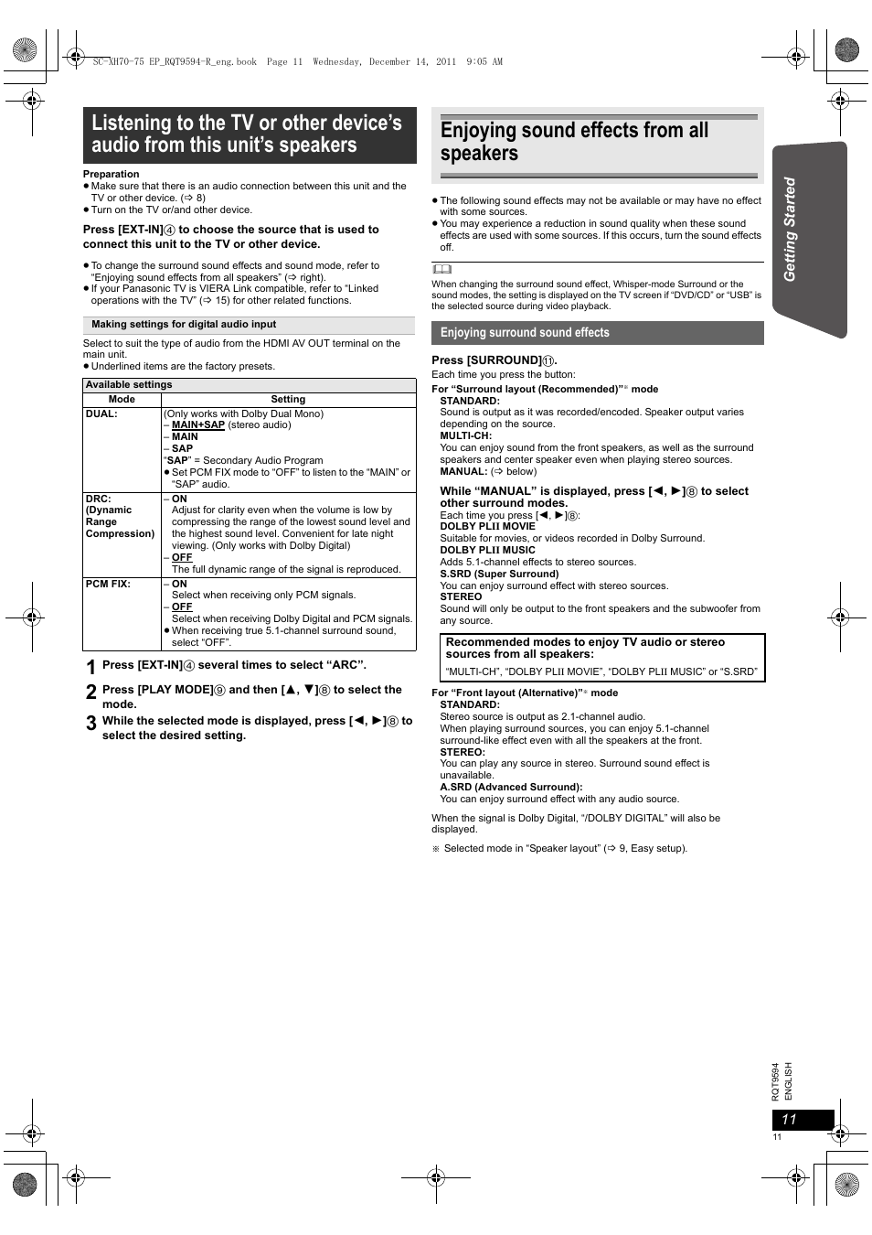 Enjoying sound effects from all speakers | Panasonic SCXH75EP User Manual | Page 11 / 94
