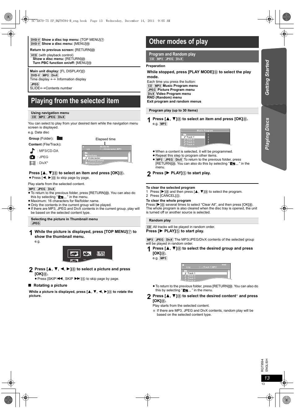 Playing from the selected item, Other modes of play | Panasonic SCXH75EP User Manual | Page 13 / 94