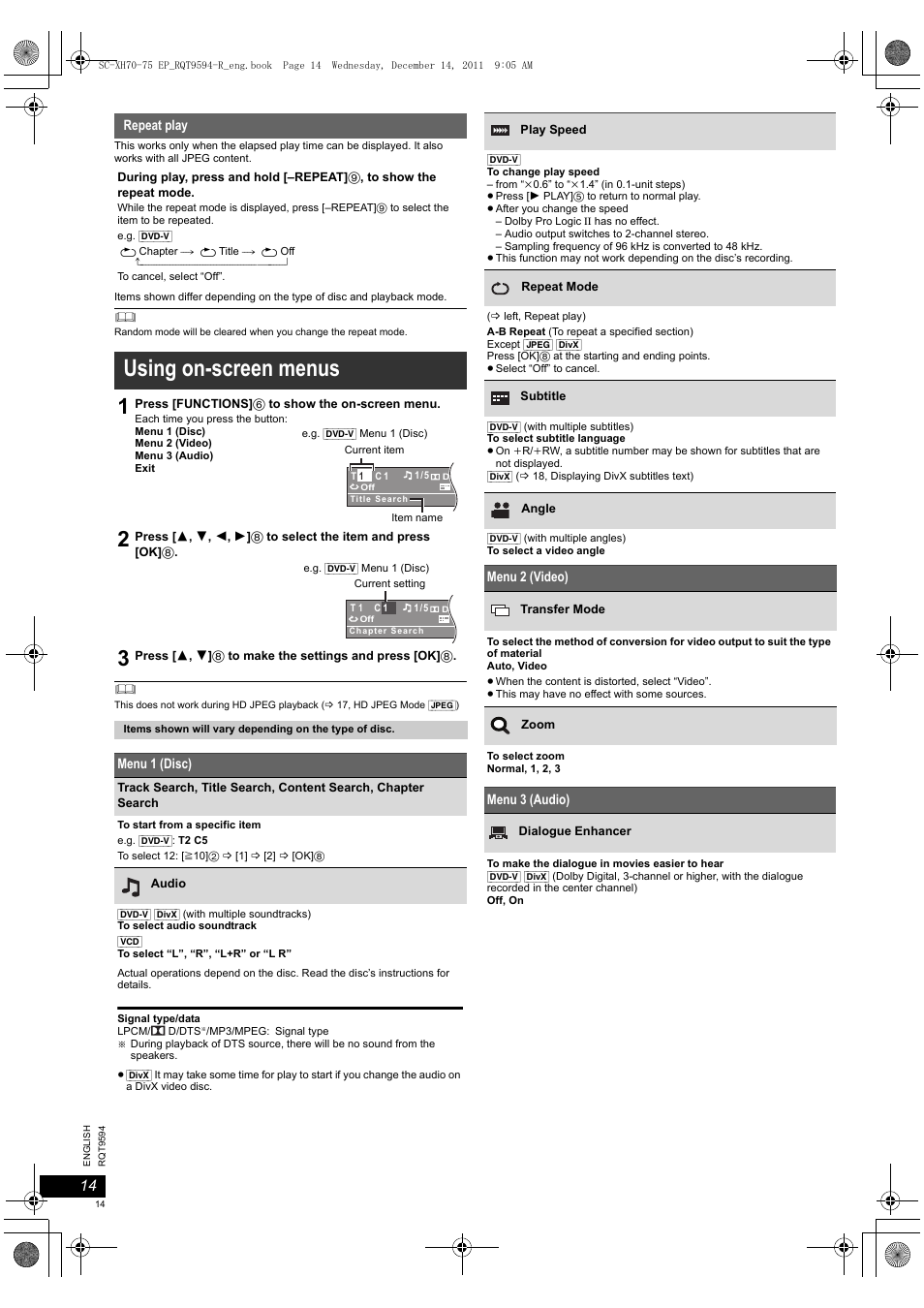Using on-screen menus | Panasonic SCXH75EP User Manual | Page 14 / 94