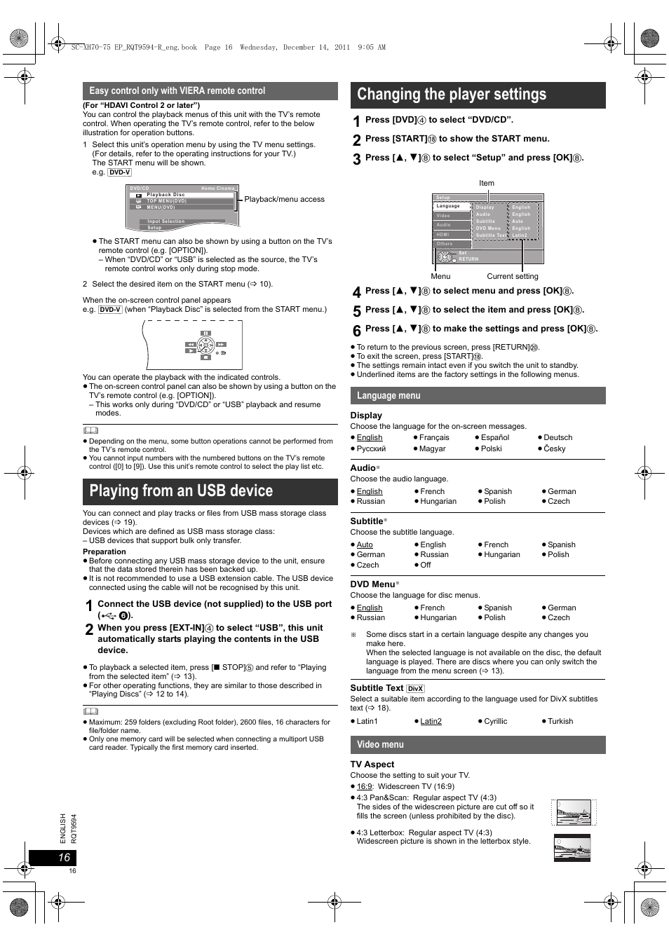 Playing from an usb device, Changing the player settings | Panasonic SCXH75EP User Manual | Page 16 / 94