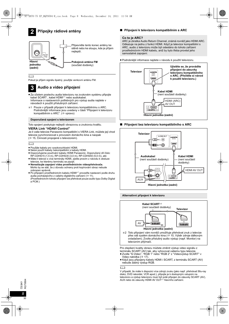 Přípojky rádiové antény, Audio a video připojení | Panasonic SCXH75EP User Manual | Page 30 / 94