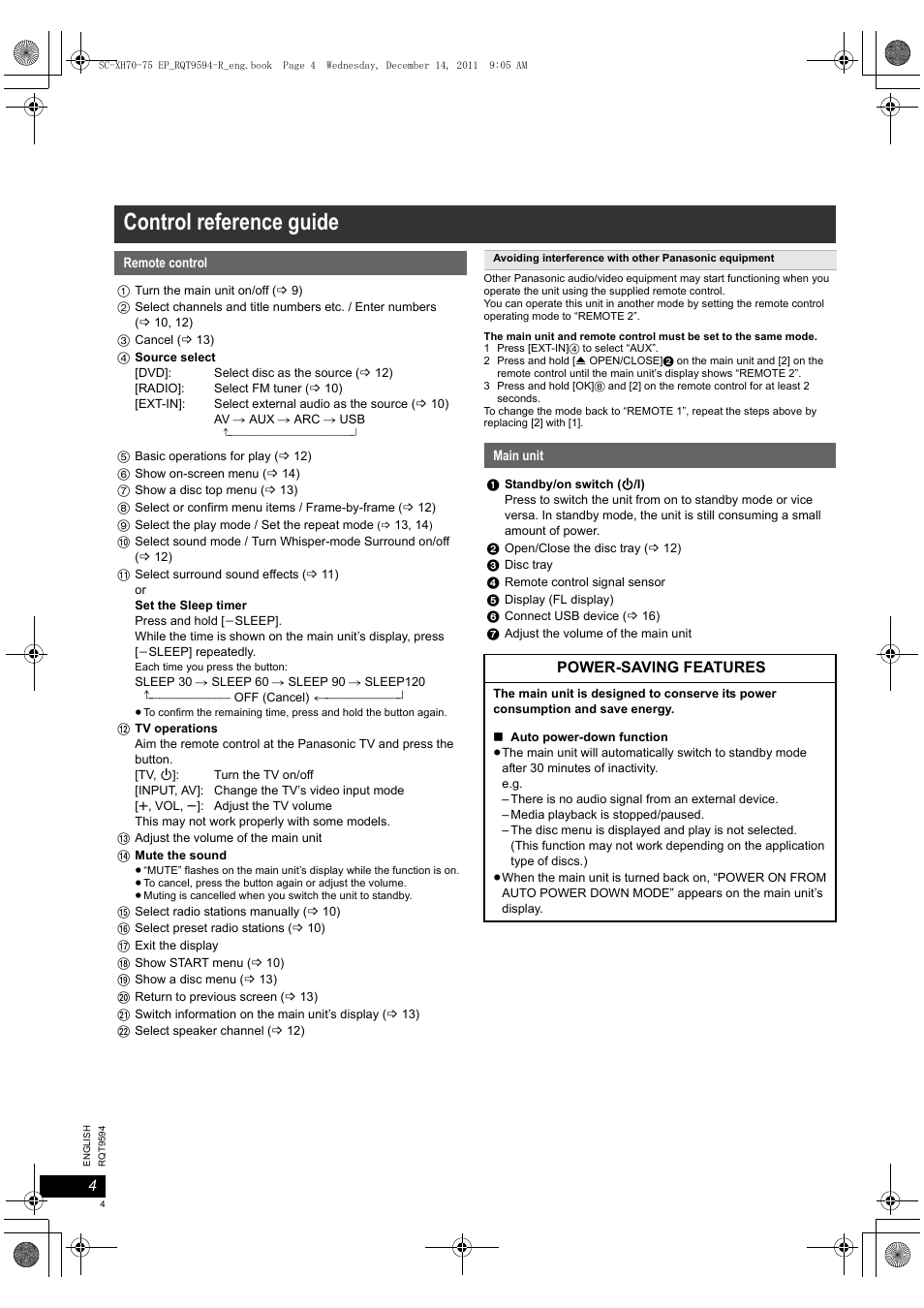 Control reference guide | Panasonic SCXH75EP User Manual | Page 4 / 94