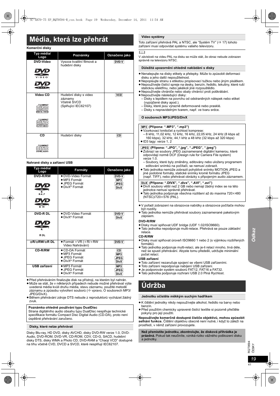 Média, která lze přehrát, Údržba | Panasonic SCXH75EP User Manual | Page 41 / 94