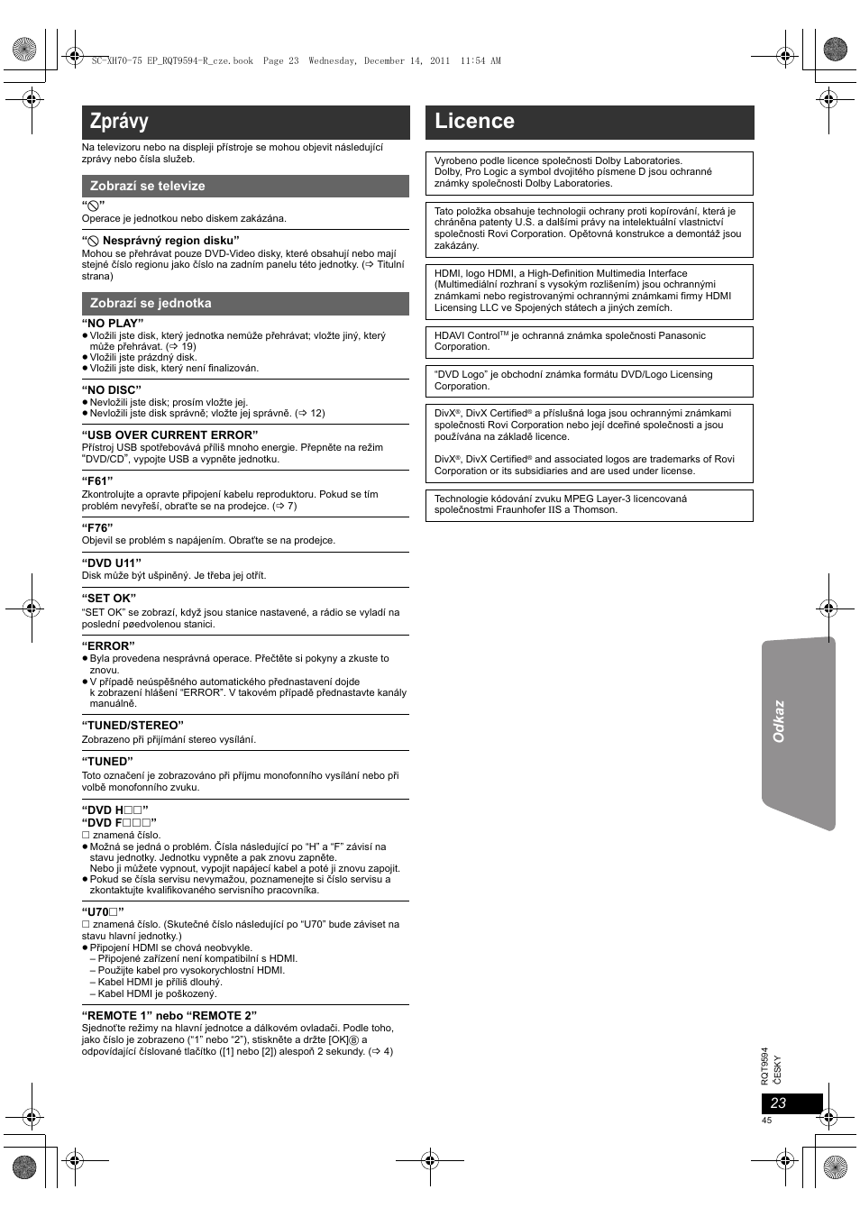 Zprávy, Licence | Panasonic SCXH75EP User Manual | Page 45 / 94