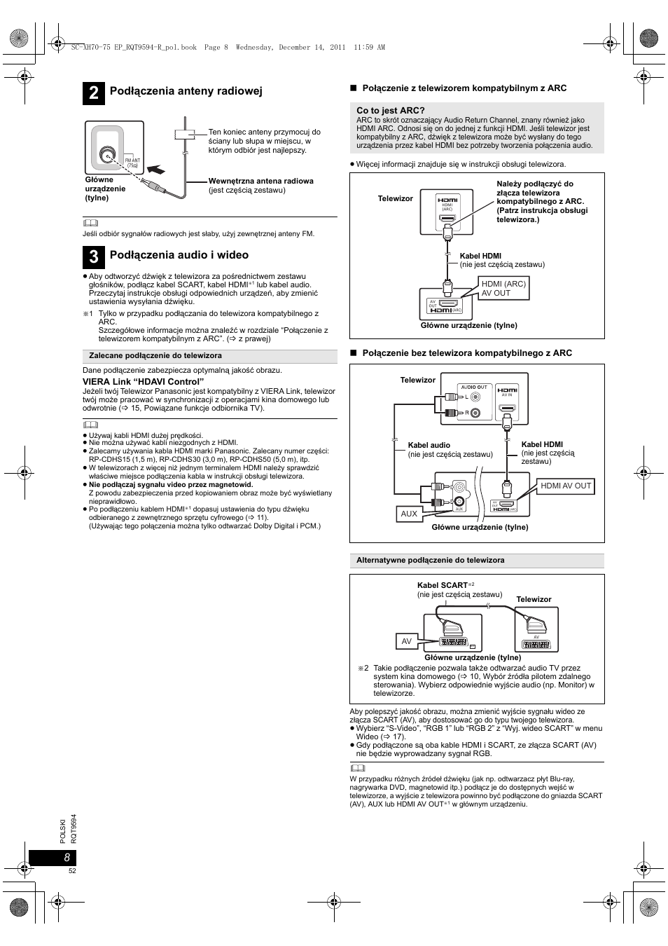 Podłączenia anteny radiowej, Podłączenia audio i wideo | Panasonic SCXH75EP User Manual | Page 52 / 94