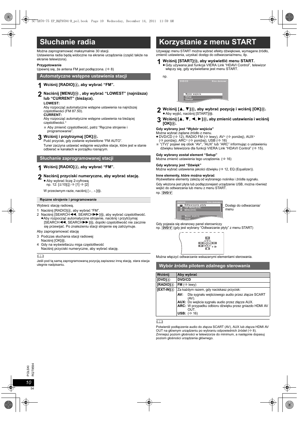 Słuchanie radia, Korzystanie z menu start | Panasonic SCXH75EP User Manual | Page 54 / 94