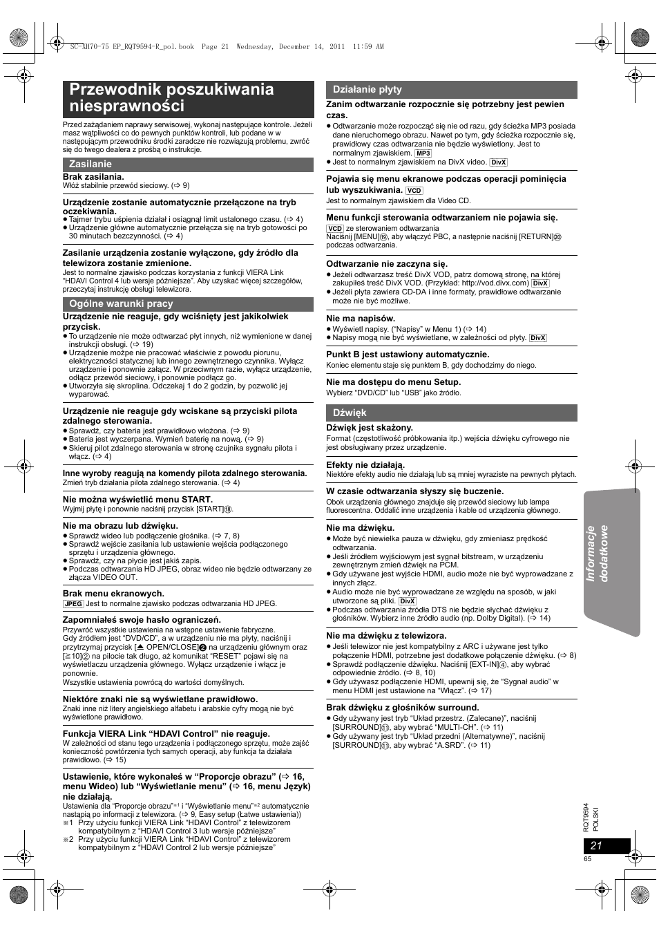 Przewodnik poszukiwania niesprawności | Panasonic SCXH75EP User Manual | Page 65 / 94