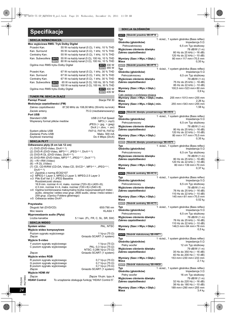 Specifikacje | Panasonic SCXH75EP User Manual | Page 68 / 94