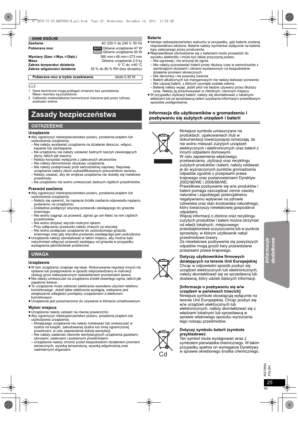Zasady bezpieczeństwa | Panasonic SCXH75EP User Manual | Page 69 / 94