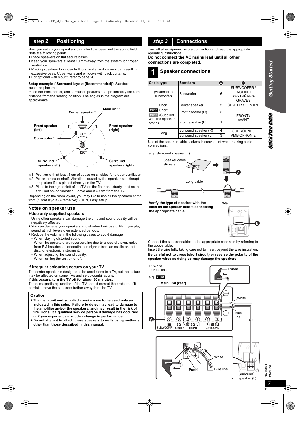 Quick start gu ide, Getting s tarted, Step 2 positioning | Step 3 connections, Speaker connections | Panasonic SCXH75EP User Manual | Page 7 / 94