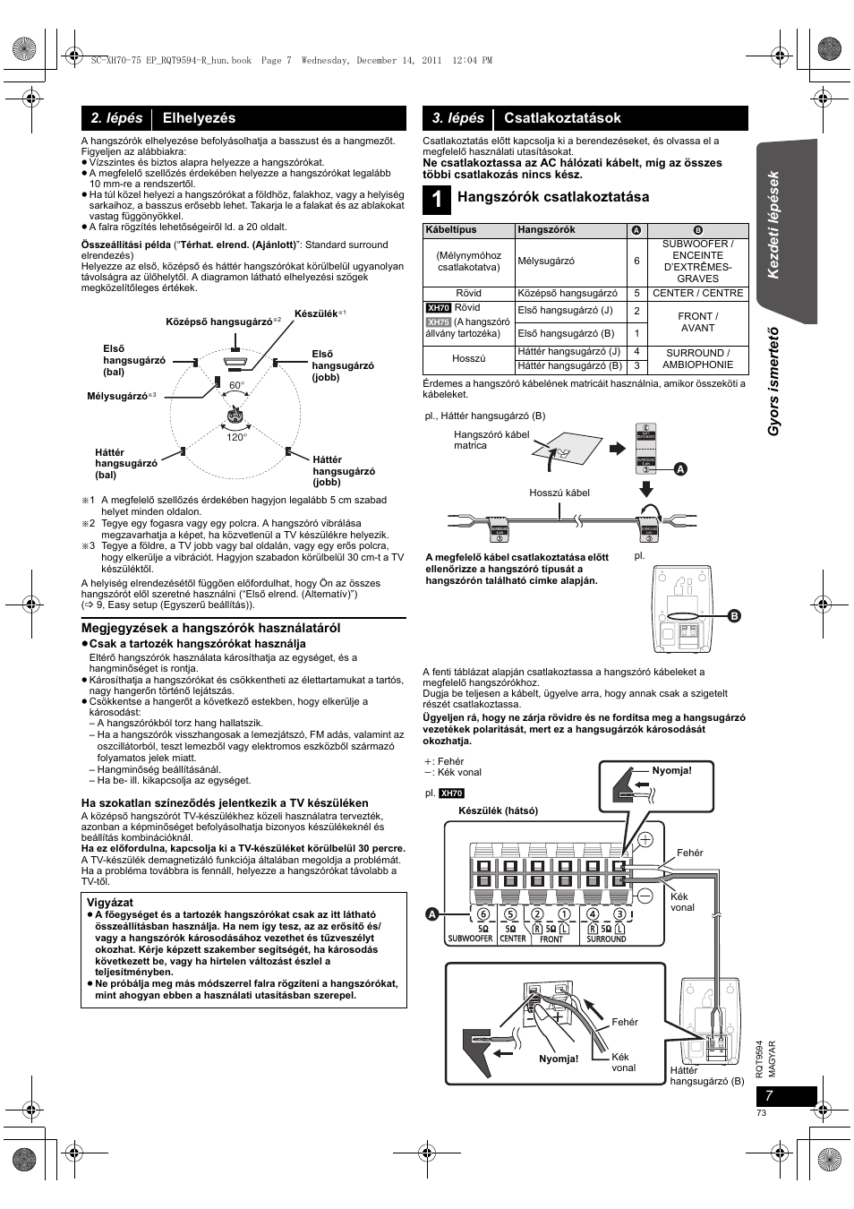 Ke zd et i lépé sek gyor s ismertet ő, Lépés elhelyezés, Lépés csatlakoztatások | Hangszórók csatlakoztatása | Panasonic SCXH75EP User Manual | Page 73 / 94
