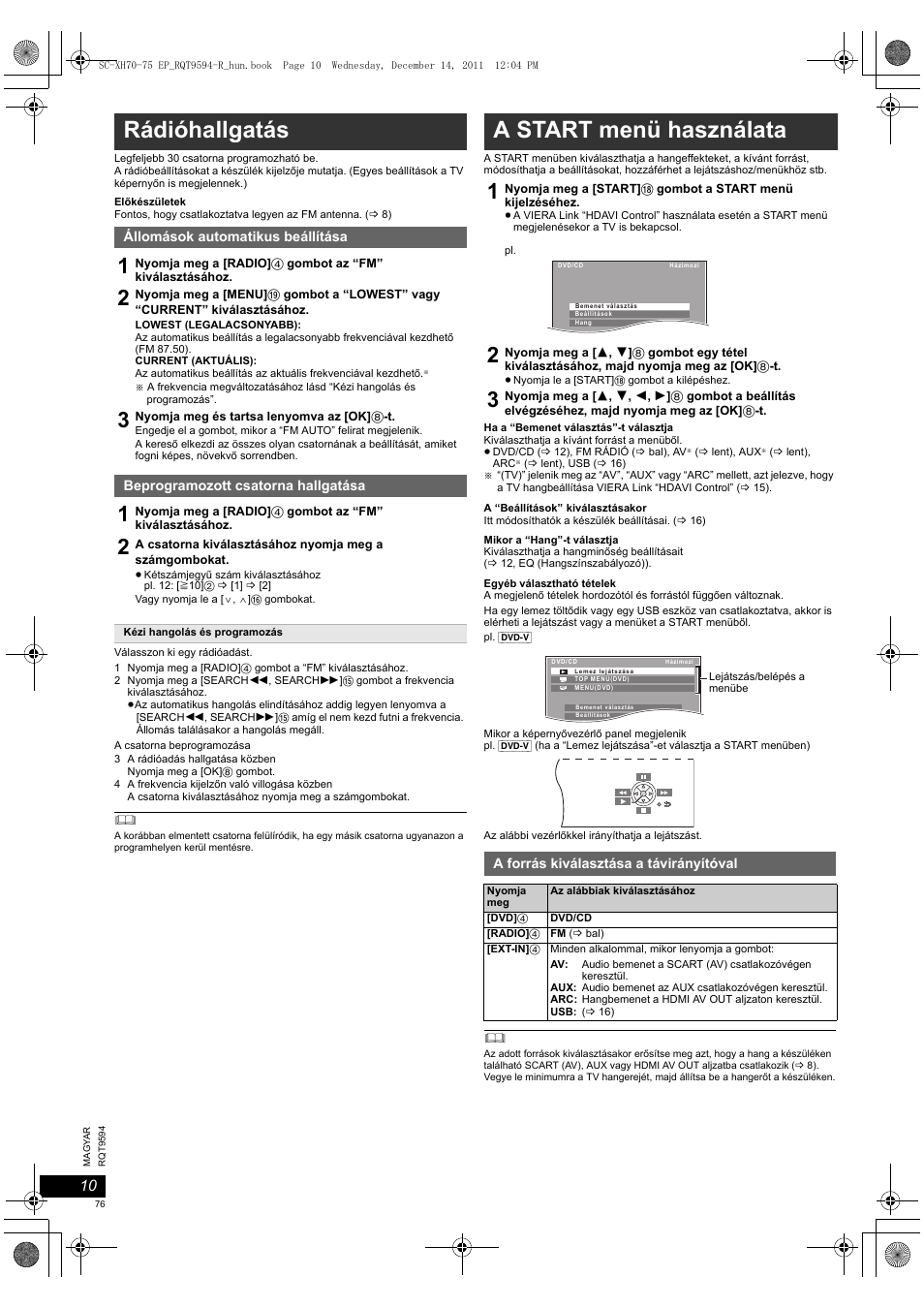 Rádióhallgatás, A start menü használata | Panasonic SCXH75EP User Manual | Page 76 / 94