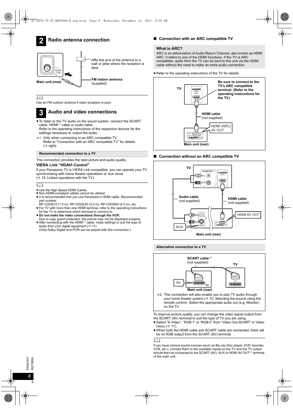 Radio antenna connection, Audio and video connections | Panasonic SCXH75EP User Manual | Page 8 / 94
