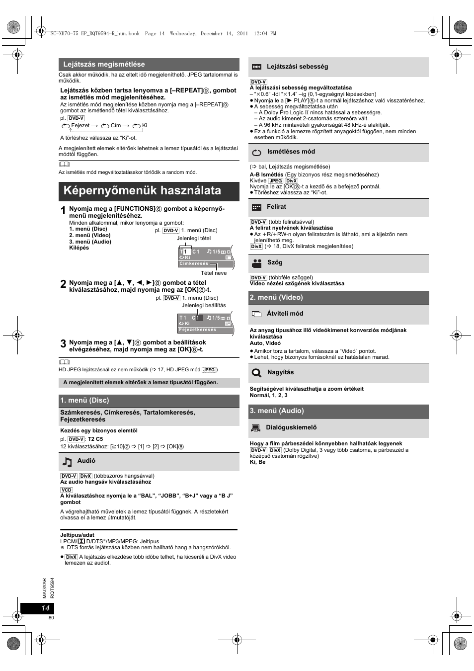 Képernyőmenük használata | Panasonic SCXH75EP User Manual | Page 80 / 94