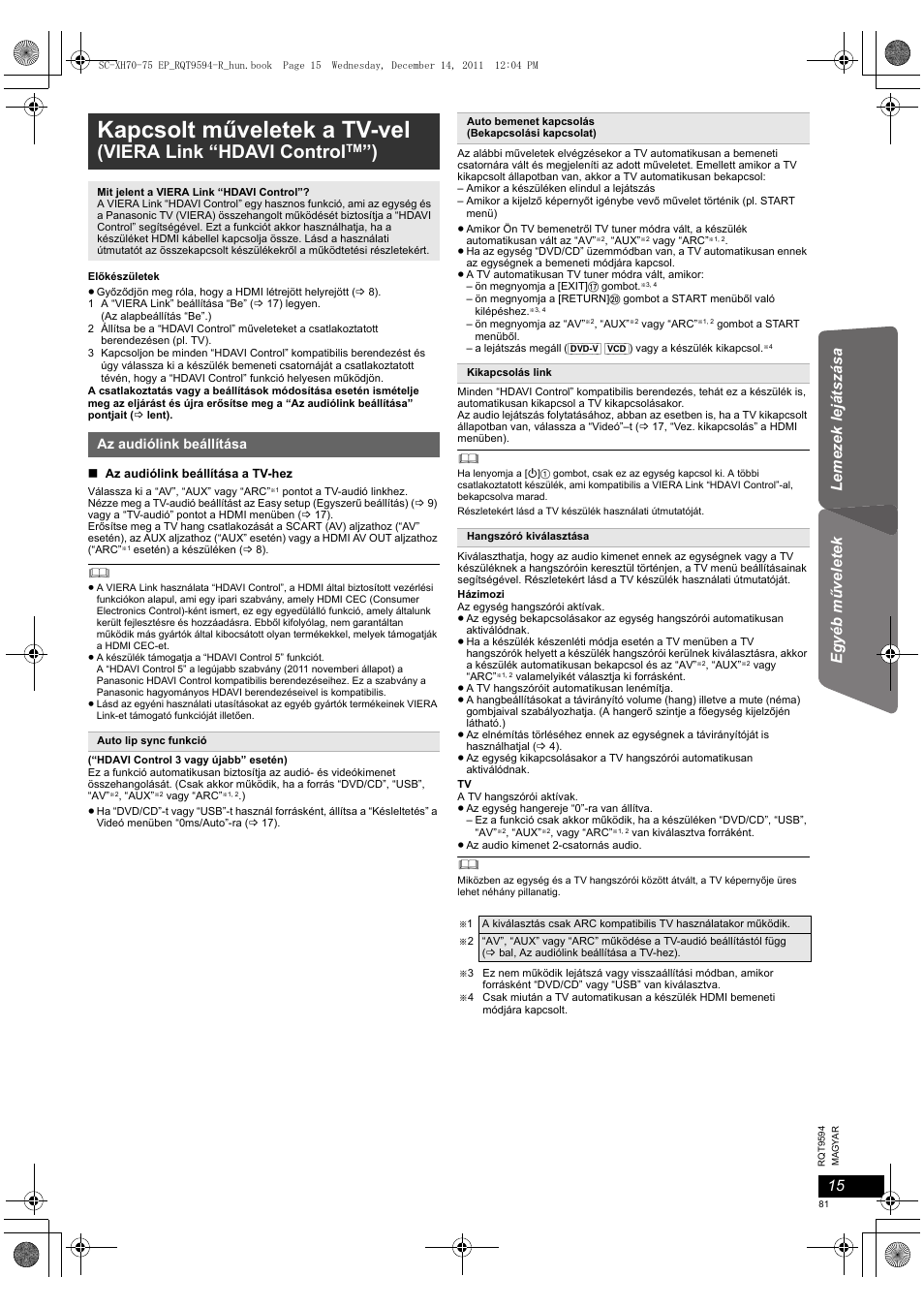Kapcsolt műveletek a tv-vel, Viera link “hdavi control | Panasonic SCXH75EP User Manual | Page 81 / 94