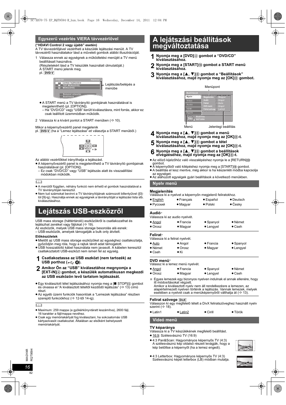 Lejátszás usb-eszközről, A lejátszási beállítások megváltoztatása | Panasonic SCXH75EP User Manual | Page 82 / 94