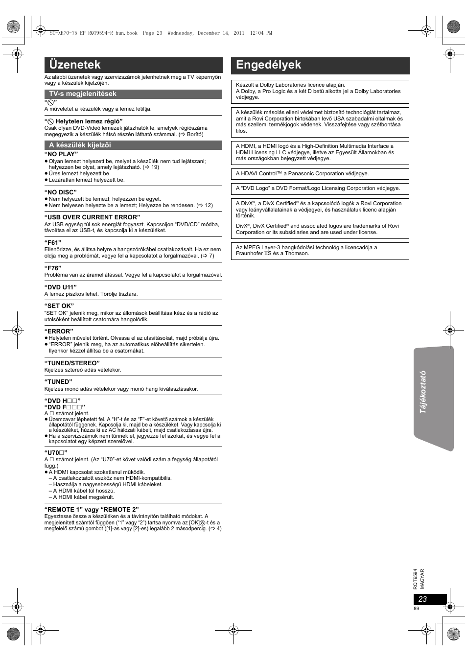 Üzenetek, Engedélyek | Panasonic SCXH75EP User Manual | Page 89 / 94