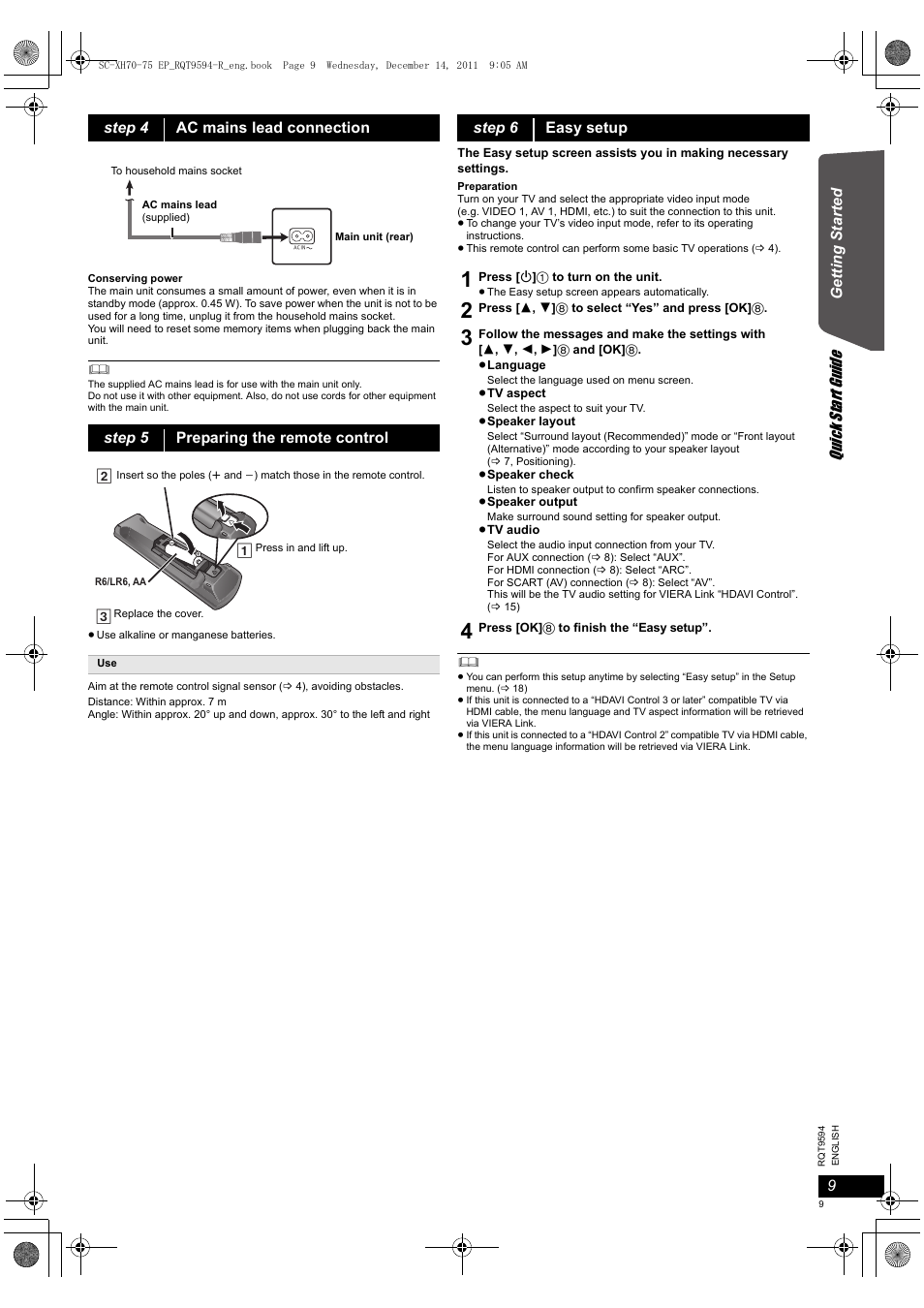Quick start gu ide | Panasonic SCXH75EP User Manual | Page 9 / 94