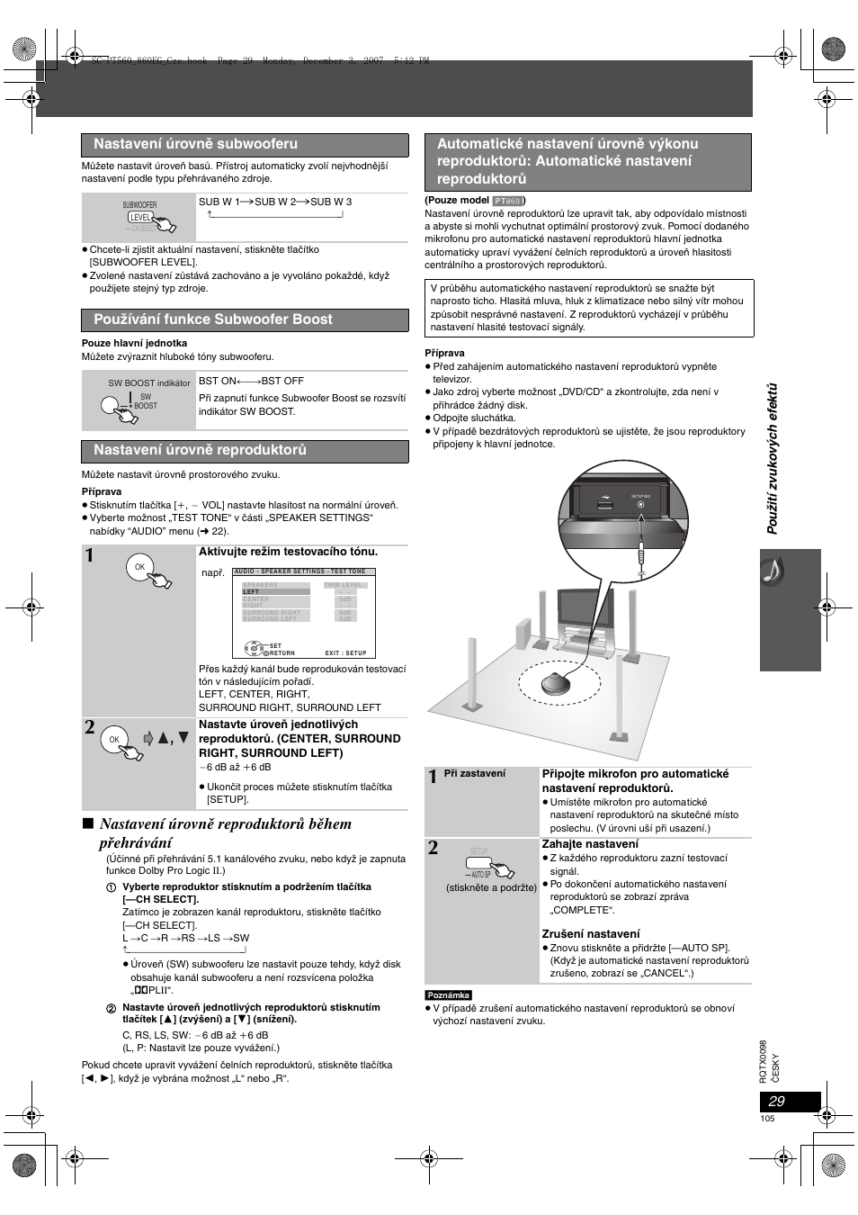 Nastavení úrovně reproduktorů během přehrávání, Nastavení úrovně subwooferu, Používání funkce subwoofer boost | Nastavení úrovně reproduktorů | Panasonic SCPT860 User Manual | Page 105 / 116