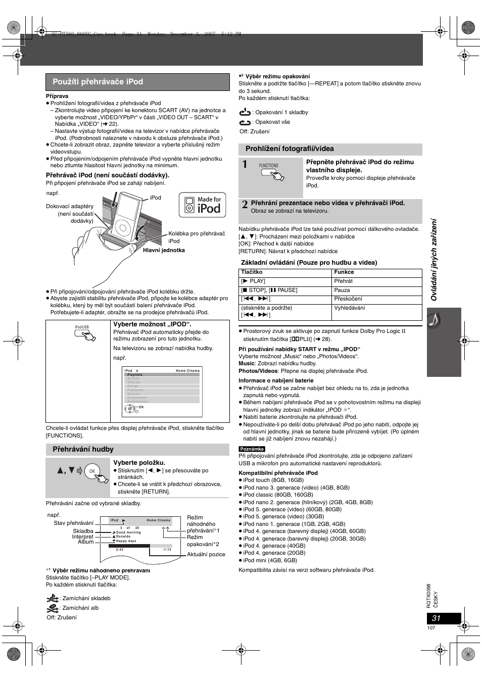 Použíti přehrávače ipod | Panasonic SCPT860 User Manual | Page 107 / 116