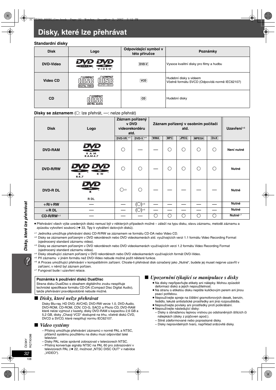 Disky, které lze přehrávat, Disky, které nelze přehrávat, Video systémy | Upozornění týkající se manipulace s disky | Panasonic SCPT860 User Manual | Page 108 / 116