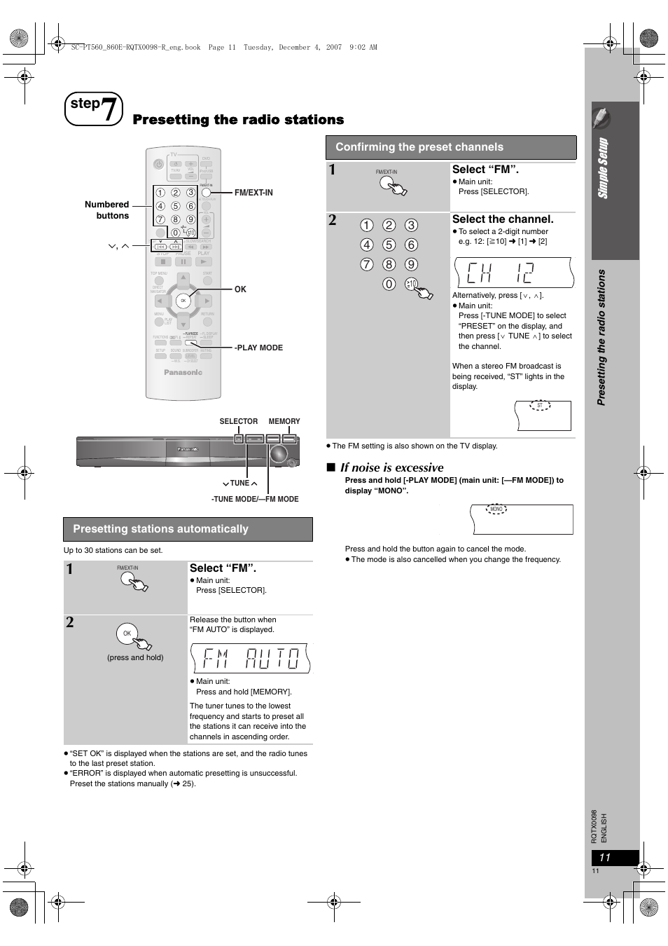 Step, Presetting the radio stations, If noise is excessive | Sim ple s etu p, Presetting stations automatically, Select “fm, Confirming the preset channels, Select the channel | Panasonic SCPT860 User Manual | Page 11 / 116