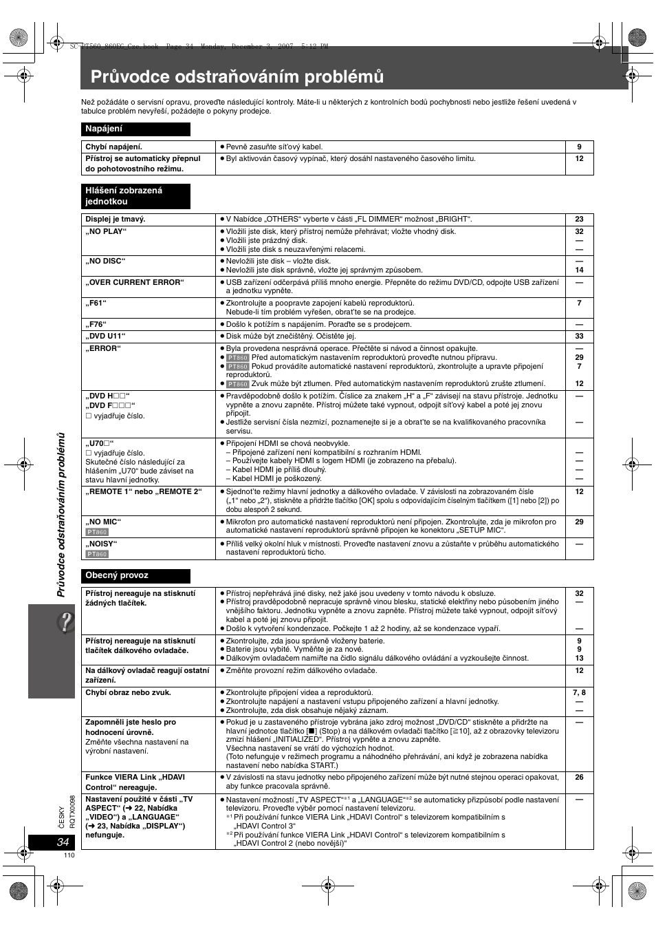 Průvodce odstraňováním problémů | Panasonic SCPT860 User Manual | Page 110 / 116