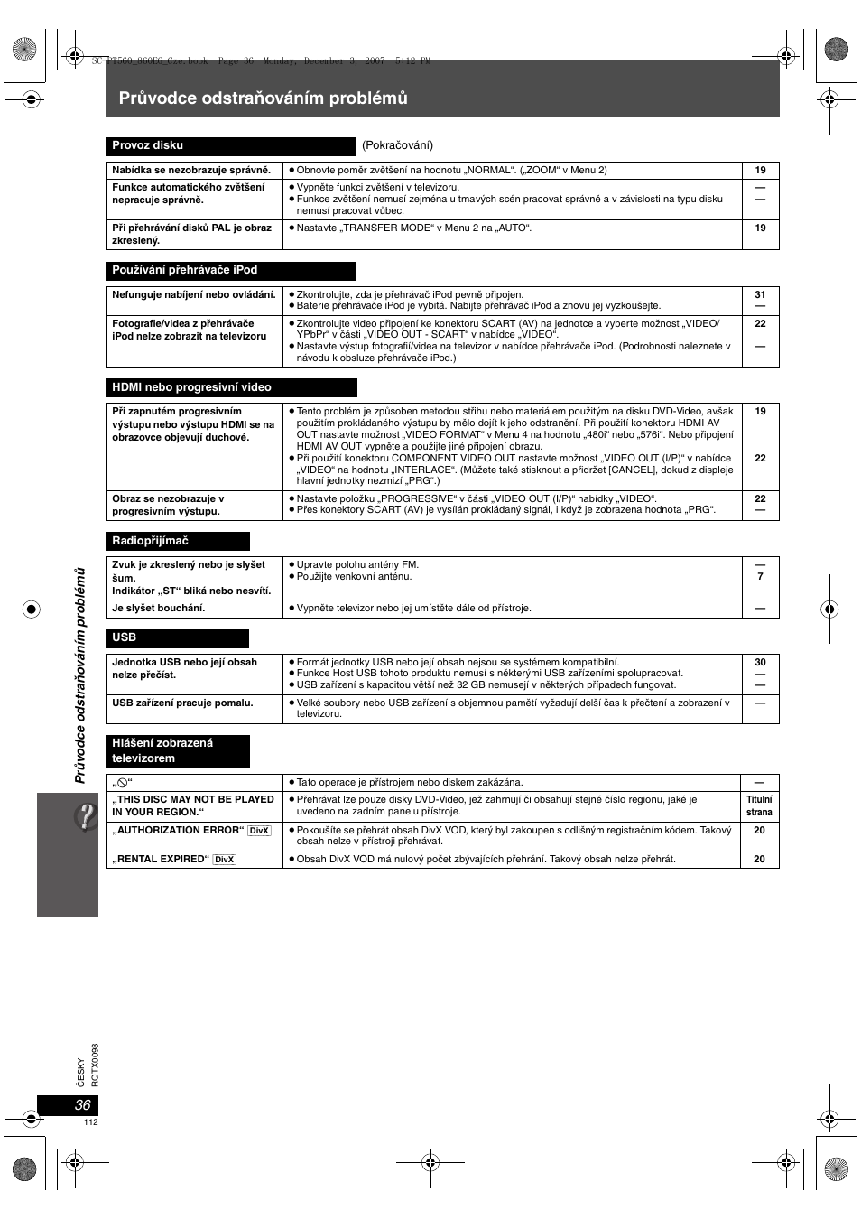 Průvodce odstraňováním problémů | Panasonic SCPT860 User Manual | Page 112 / 116