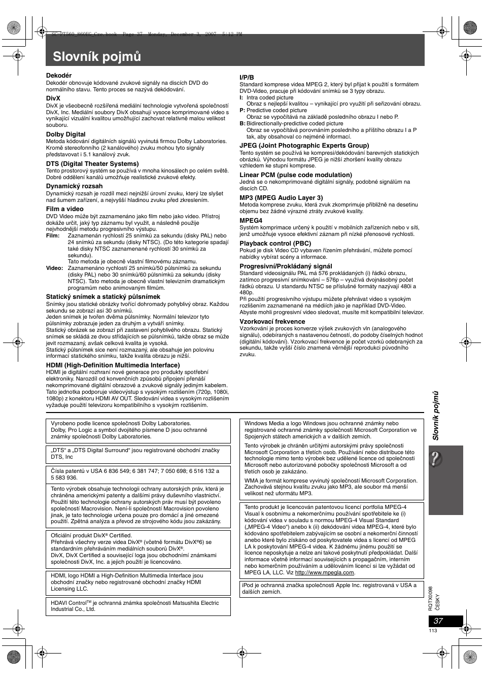 Slovník pojmů | Panasonic SCPT860 User Manual | Page 113 / 116