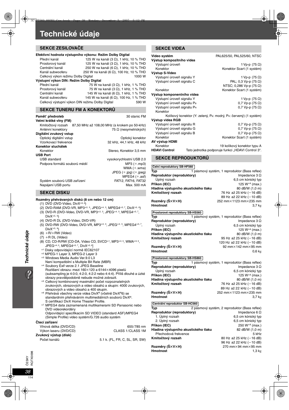 Technické údaje, Te c h nic ké údaje | Panasonic SCPT860 User Manual | Page 114 / 116