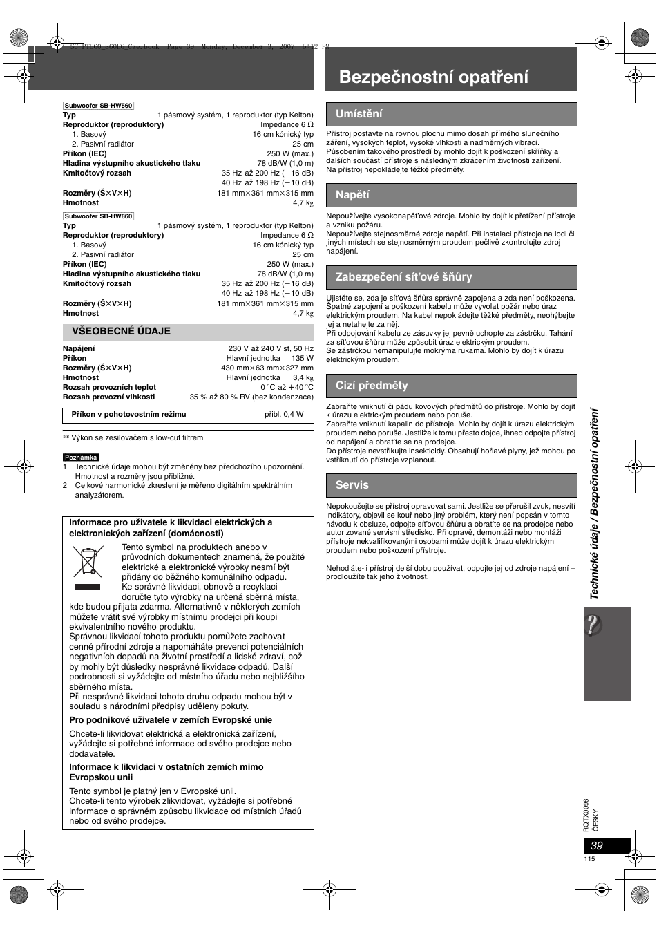Bezpečnostní opatření | Panasonic SCPT860 User Manual | Page 115 / 116