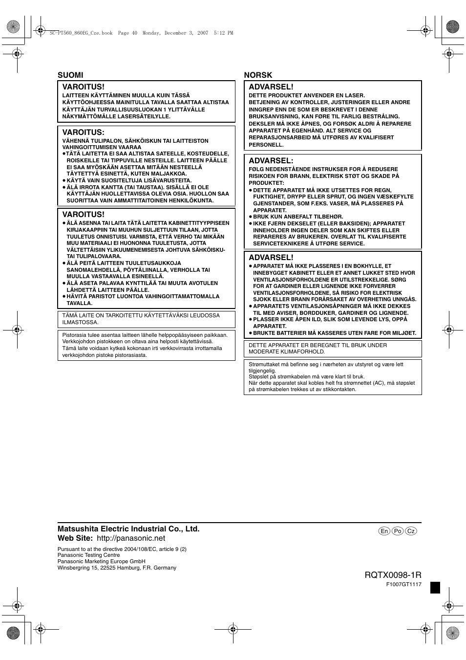 Panasonic SCPT860 User Manual | Page 116 / 116