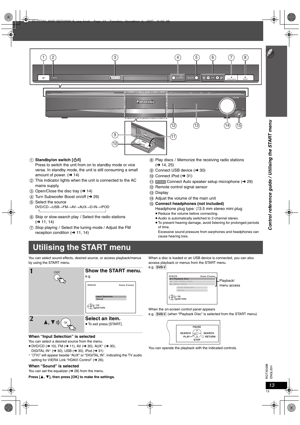 Utilising the start menu, Show the start menu, Select an item | Panasonic SCPT860 User Manual | Page 13 / 116