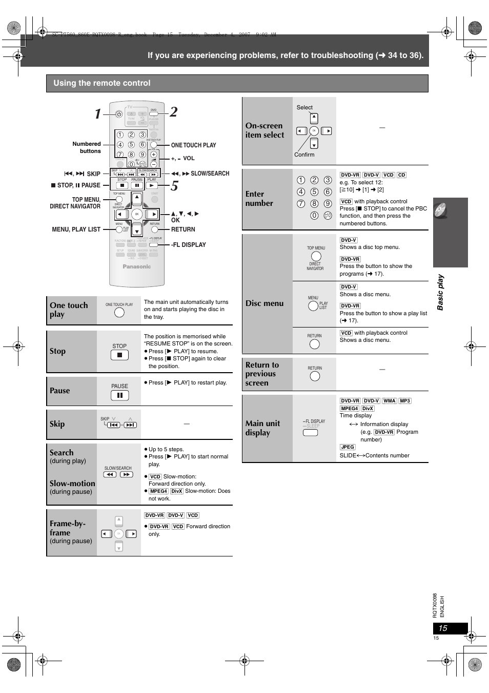 Stop, Pause, Skip search | Slow-motion, Frame-by- frame, On-screen item select enter number, Disc menu, Return to previous screen main unit display, Basic pla y | Panasonic SCPT860 User Manual | Page 15 / 116