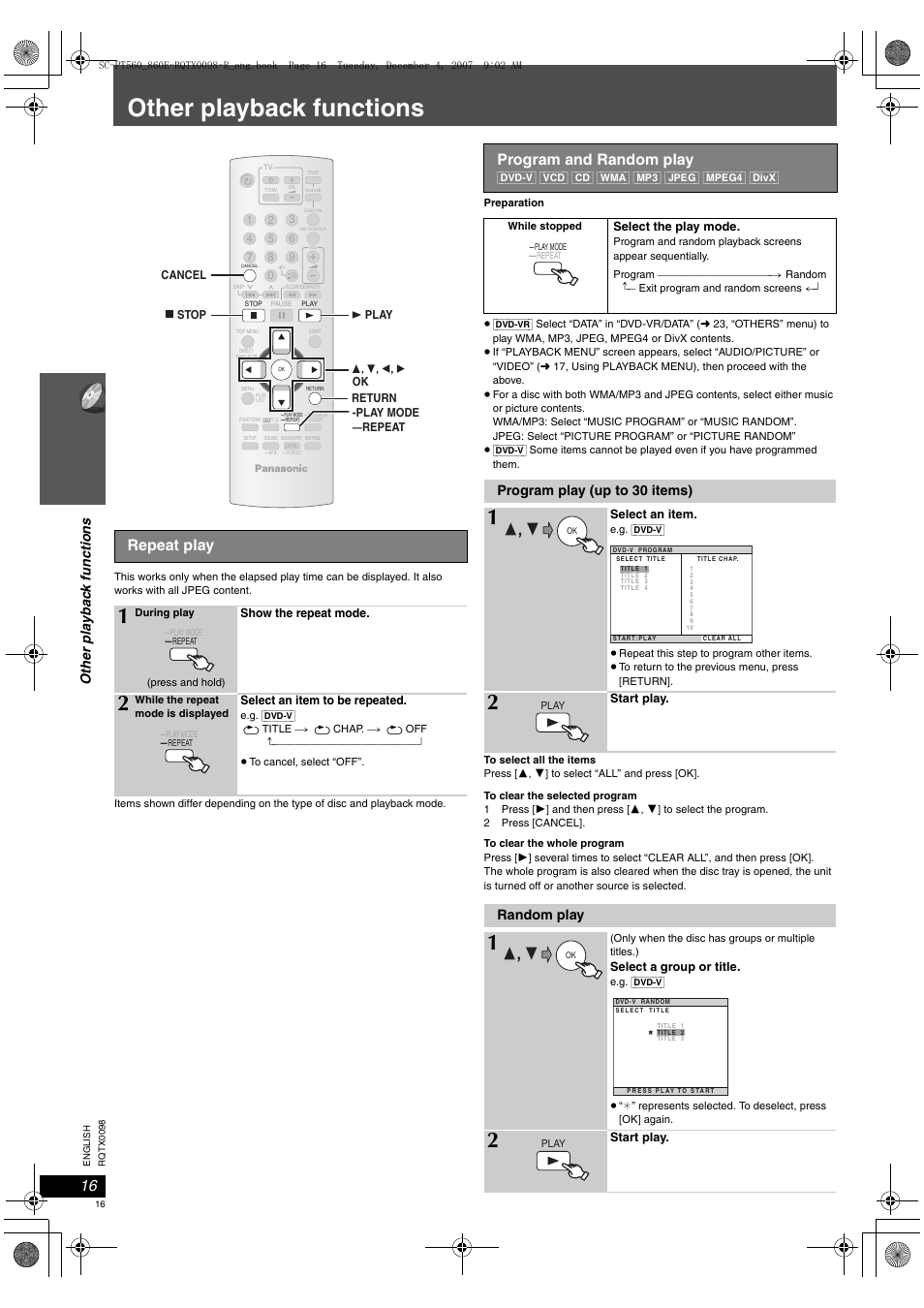 Other playback functions, Repeat play, Program and random play | Program play (up to 30 items), Random play | Panasonic SCPT860 User Manual | Page 16 / 116