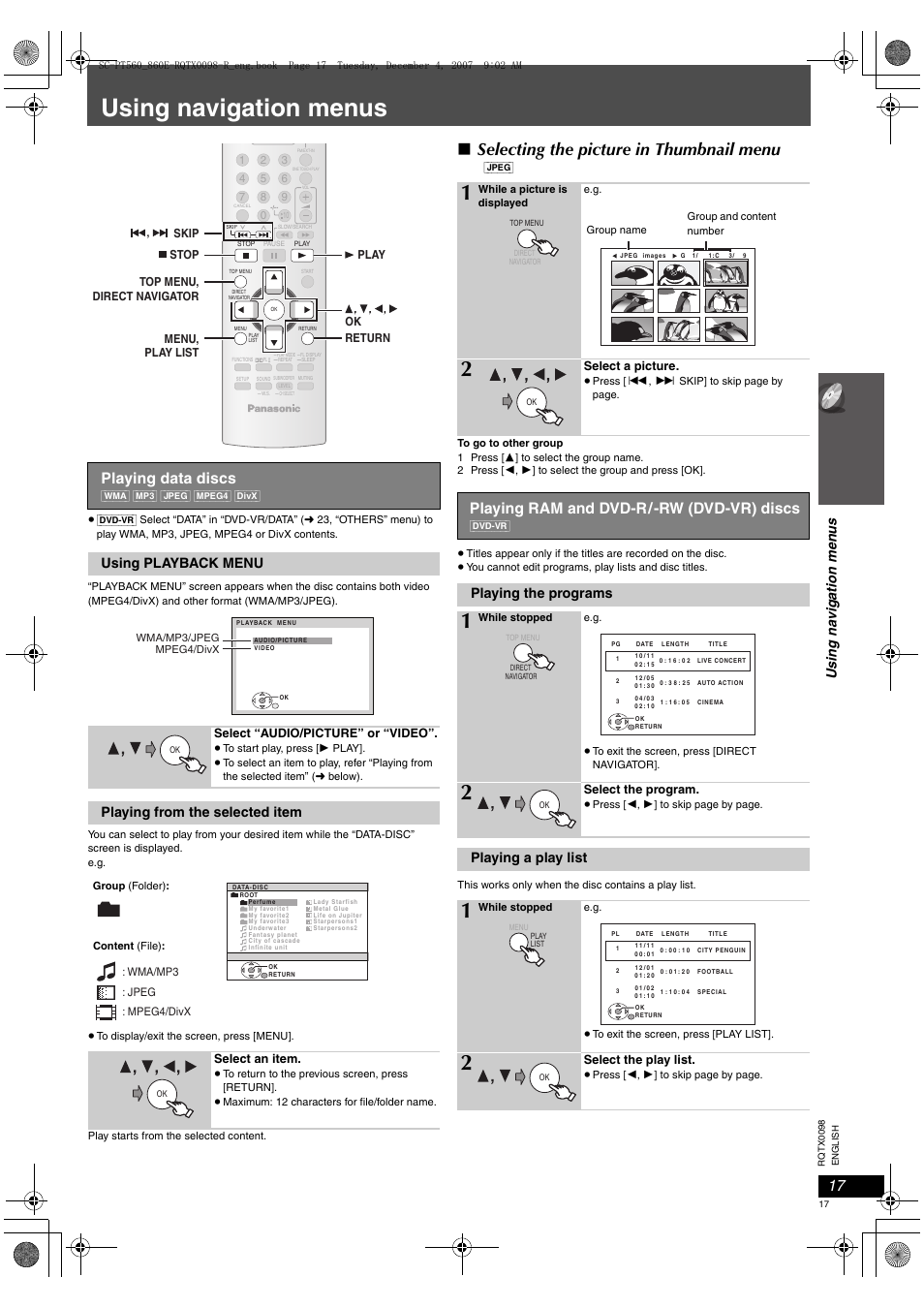 Using navigation menus, Selecting the picture in thumbnail menu, Playing data discs | Playing ram and dvd-r/-rw (dvd-vr) discs, Using playback menu, Playing from the selected item, Playing the programs, Playing a play list | Panasonic SCPT860 User Manual | Page 17 / 116