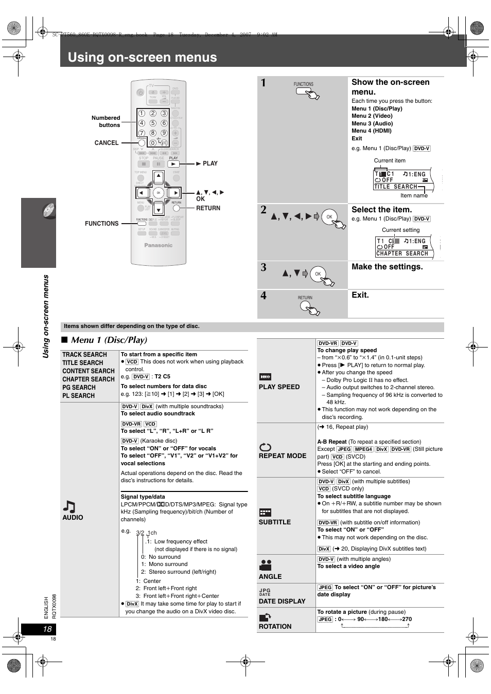 Using on-screen menus, Menu 1 (disc/play), Show the on-screen menu | Select the item, Make the settings, Exit | Panasonic SCPT860 User Manual | Page 18 / 116