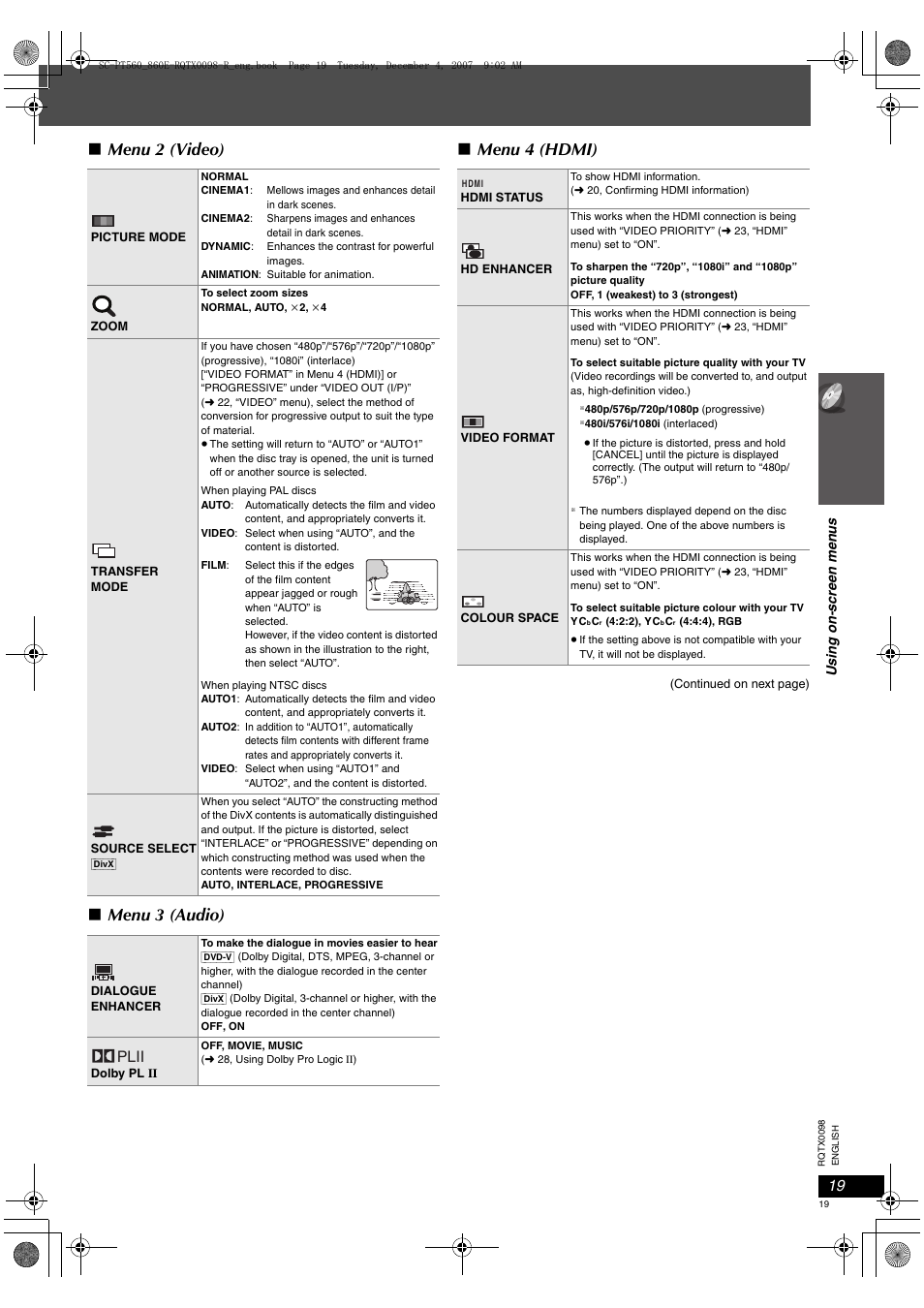 Menu 2 (video) ∫ menu 3 (audio) ∫ menu 4 (hdmi), Plii | Panasonic SCPT860 User Manual | Page 19 / 116