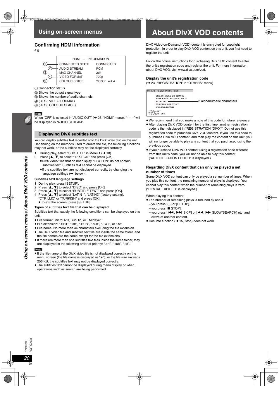 About divx vod contents, Using on-screen menus, Confirming hdmi information | Panasonic SCPT860 User Manual | Page 20 / 116