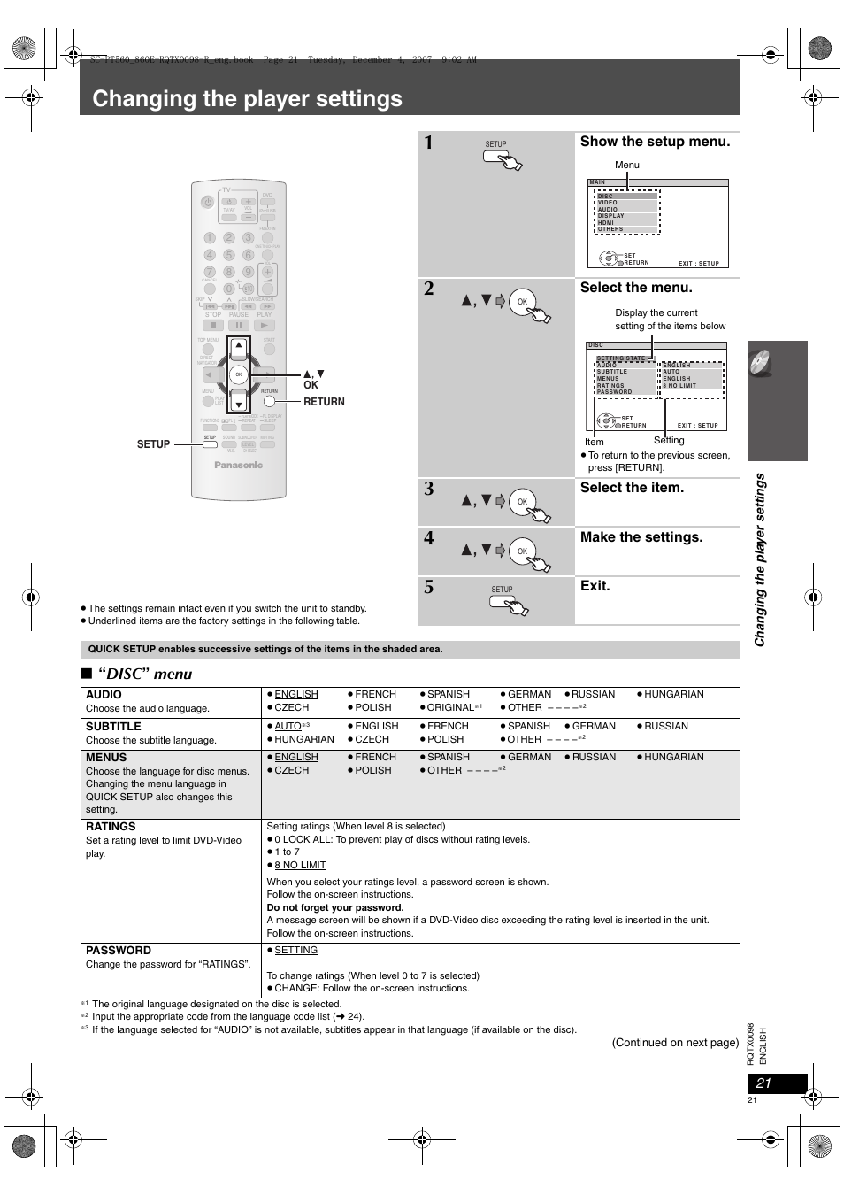 Changing the player settings, Disc ” menu, Show the setup menu | Select the menu, Select the item, Make the settings, Exit, Ch an gi ng th e pl a y er s e ttin g s | Panasonic SCPT860 User Manual | Page 21 / 116