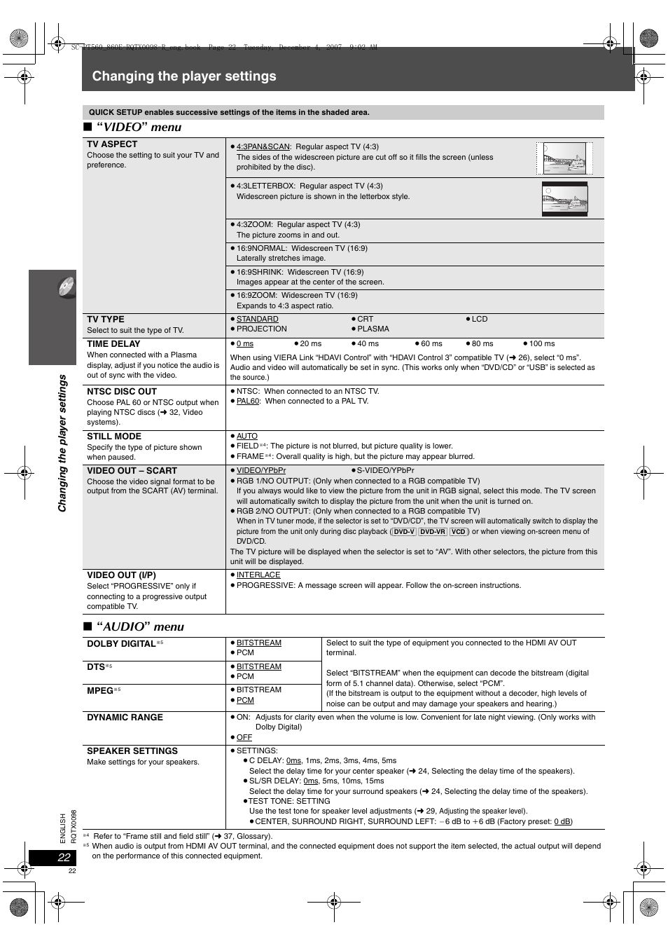 Changing the player settings, Video ” menu ∫ “ audio ” menu | Panasonic SCPT860 User Manual | Page 22 / 116
