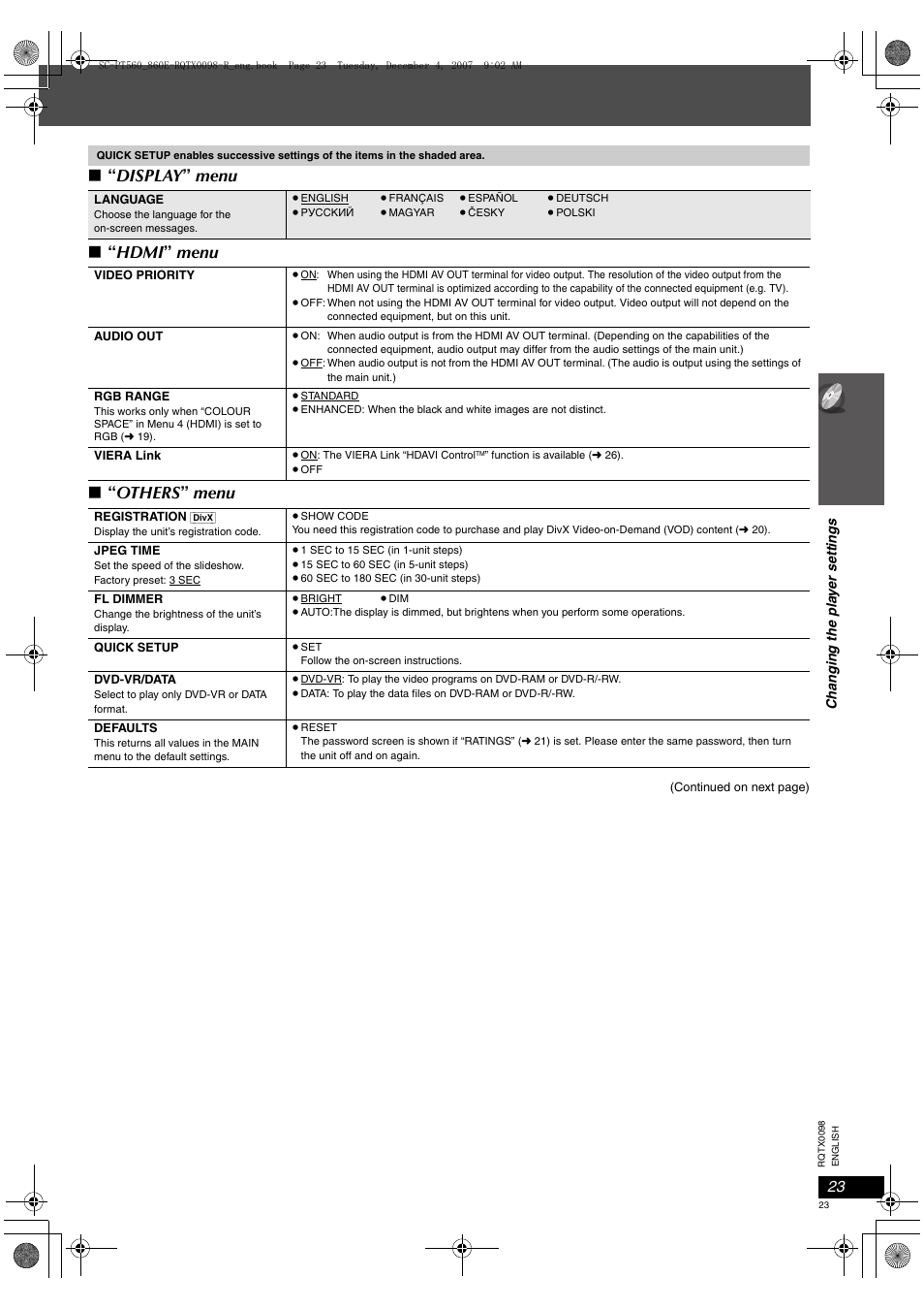 Display ” menu ∫ “ hdmi ” menu ∫ “ others ” menu | Panasonic SCPT860 User Manual | Page 23 / 116